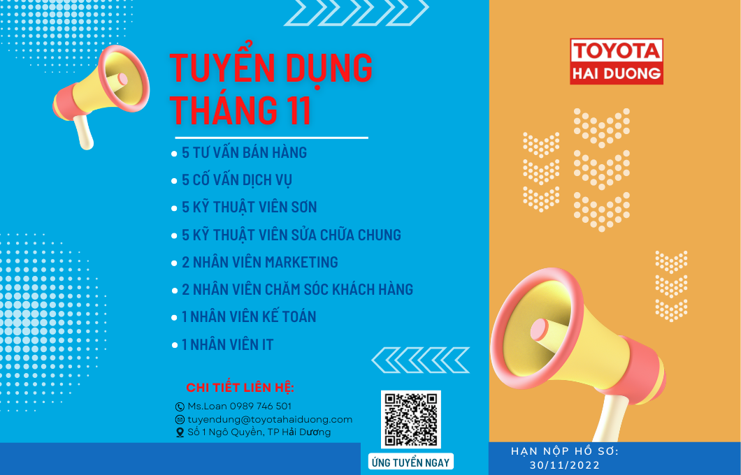 TOYOTA HẢI DƯƠNG TUYỂN DỤNG THÁNG 11